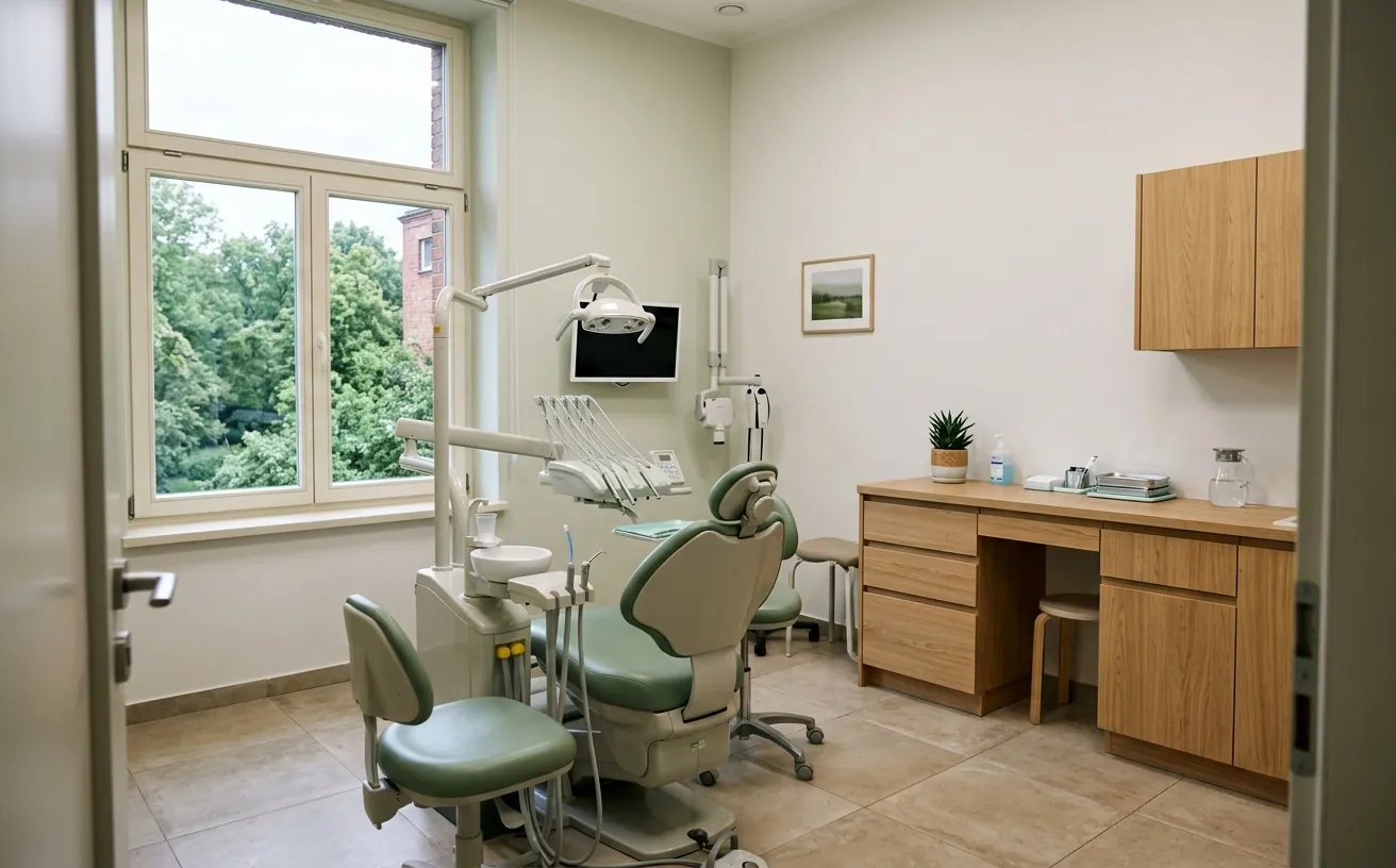 Treatment room: chair, big window, greenery outside