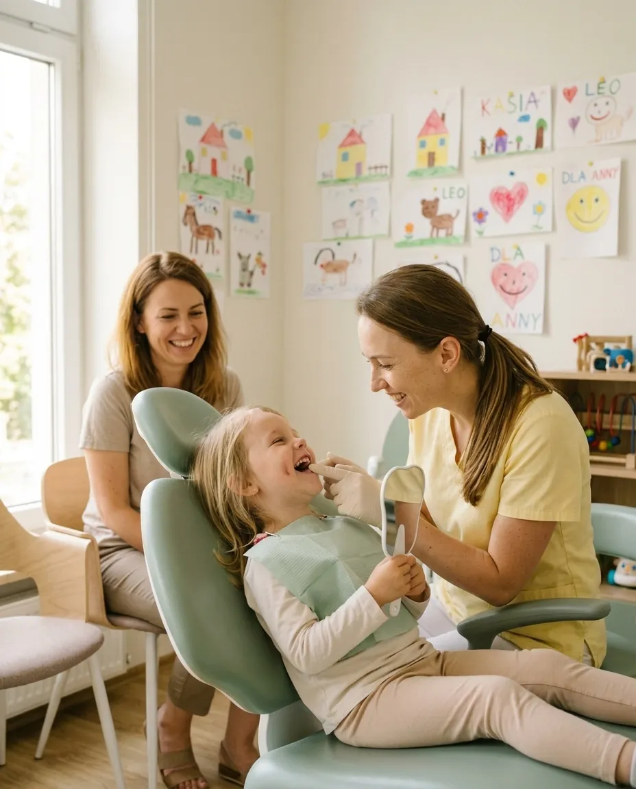 Dziewczynka na fotelu dentystycznym liczy ząbki z dr Anną