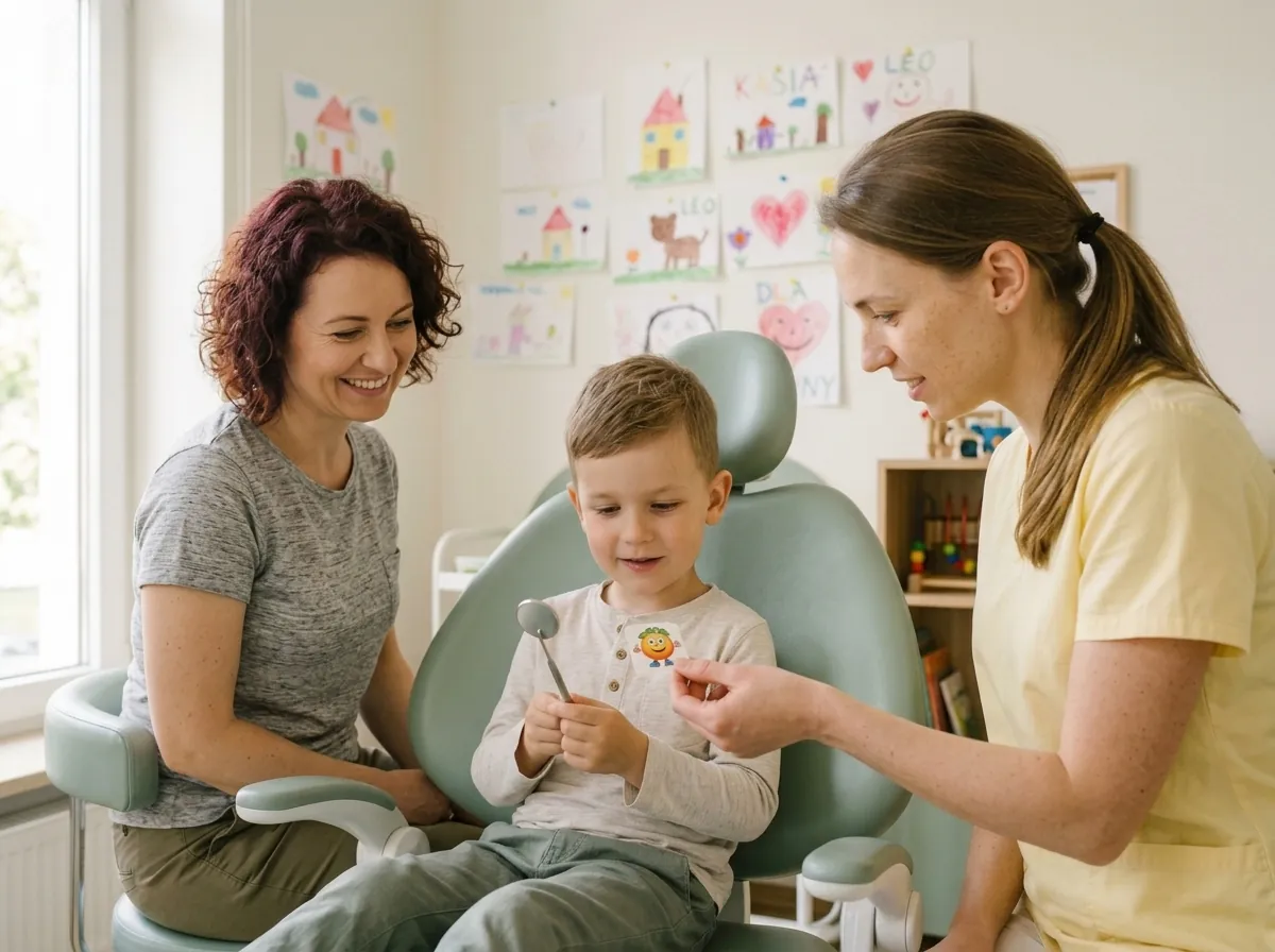 Chłopiec w fotelu trzyma lusterko dentystyczne, obok mama